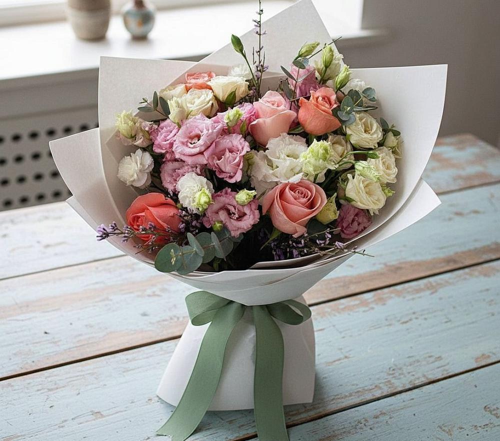 Букет цветов из: Розы, Лизиантусы и Гвоздики в Березник