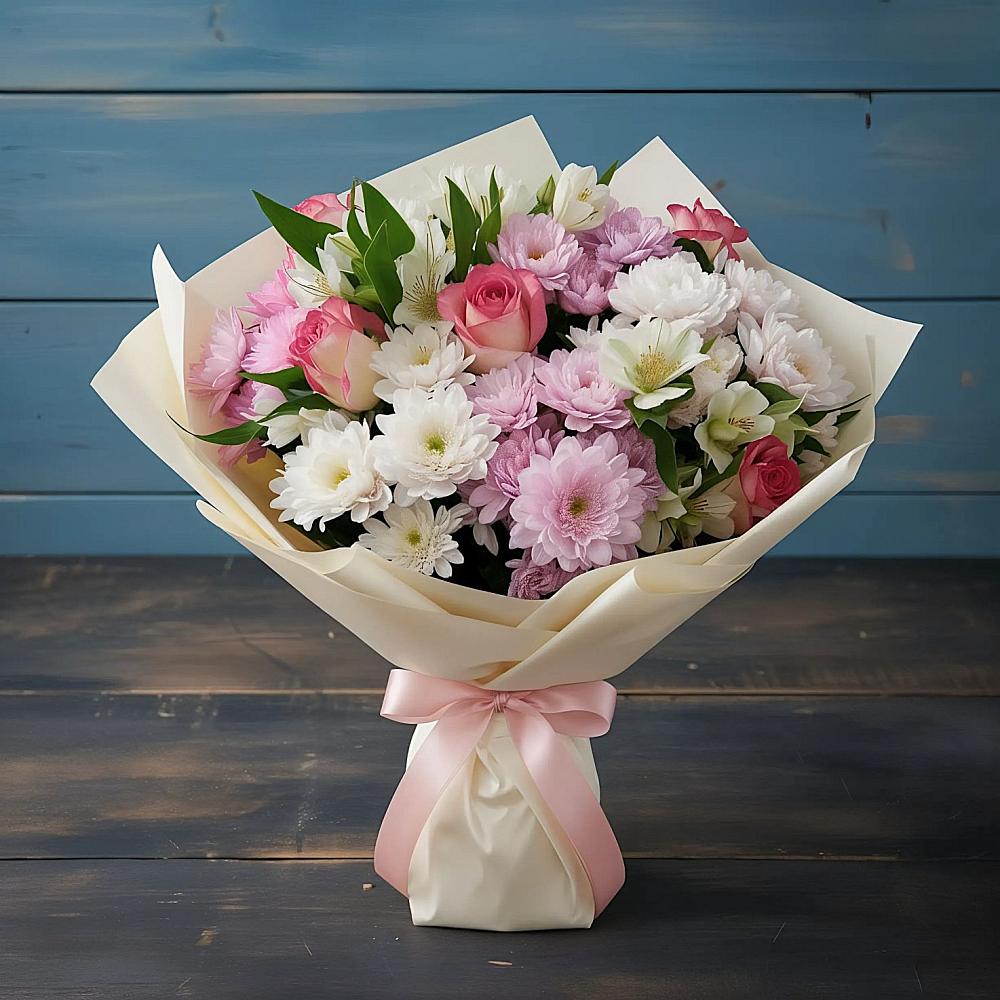 Букет цветов из: Хризантемы, Альстромерии и Розы в Березник